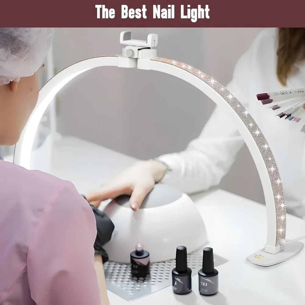 Half Moon Light for Nail Desk with Phone Holder, 28IN Folding Half-moon Light with Shinning Diamond, LED Lamp for Nail Art