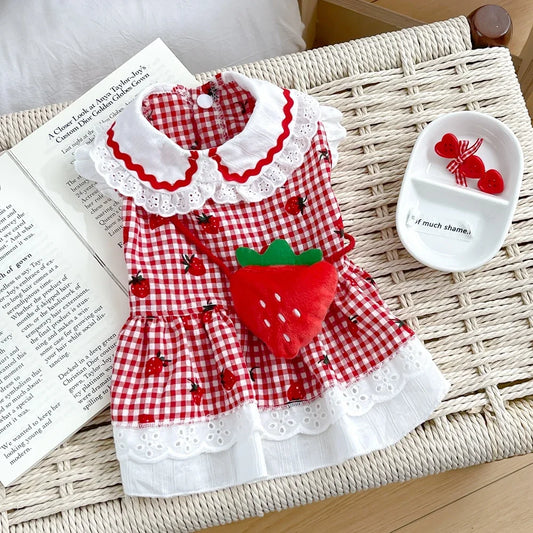 Strawberry Dress For Dogs Cotton Summer Plaid Pet Apparel