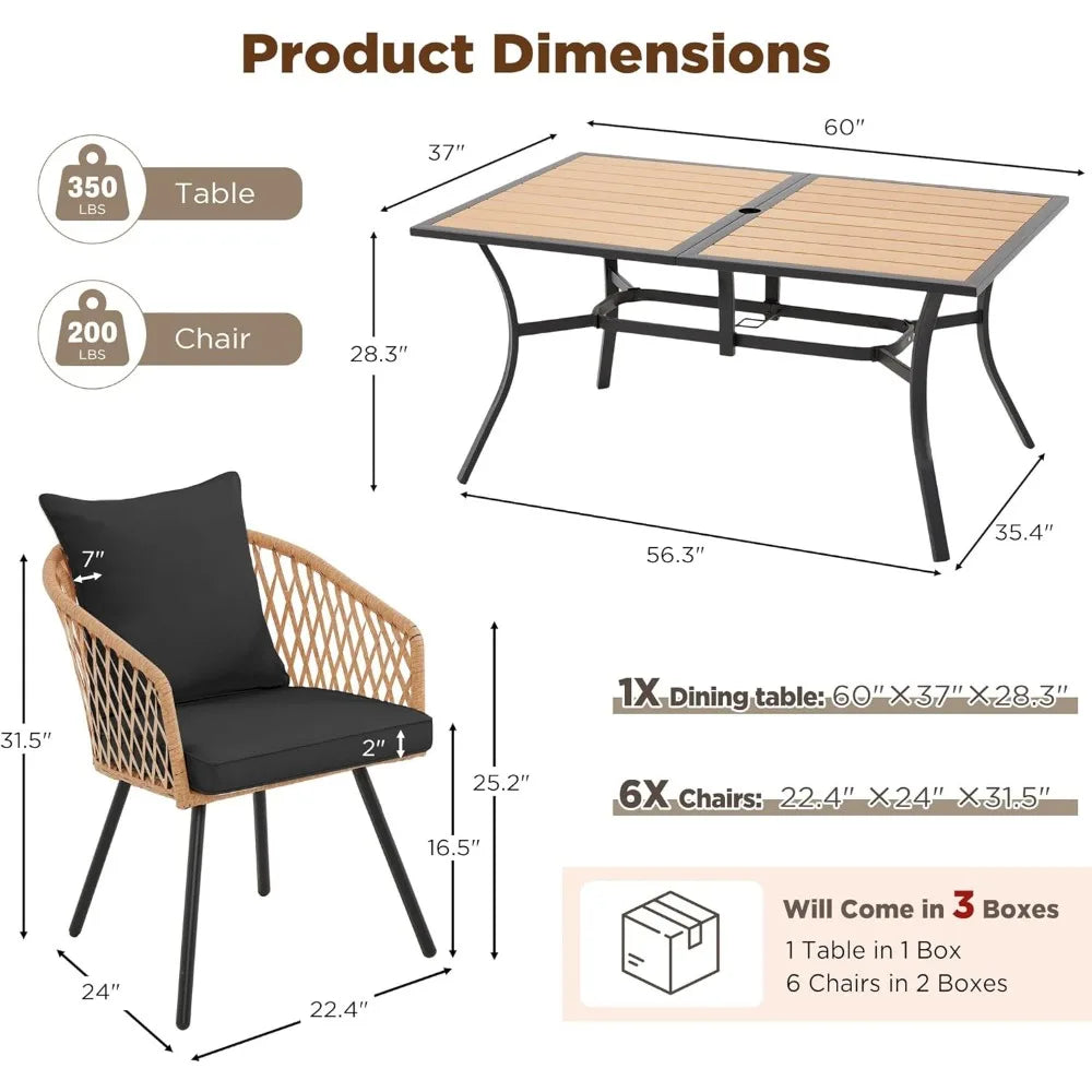 7-Piece All-Weather Rattan Patio Dining Set with 60" Wood Table Top, Removable Cushions & Umbrella Hole - Outdoor Furniture Set