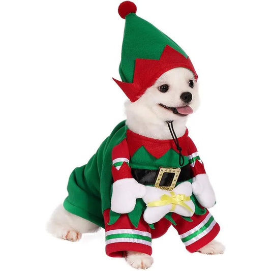 Dog Cat Christmas Elf Costume With Hat Winter Fleece Coat Outfit For Pets