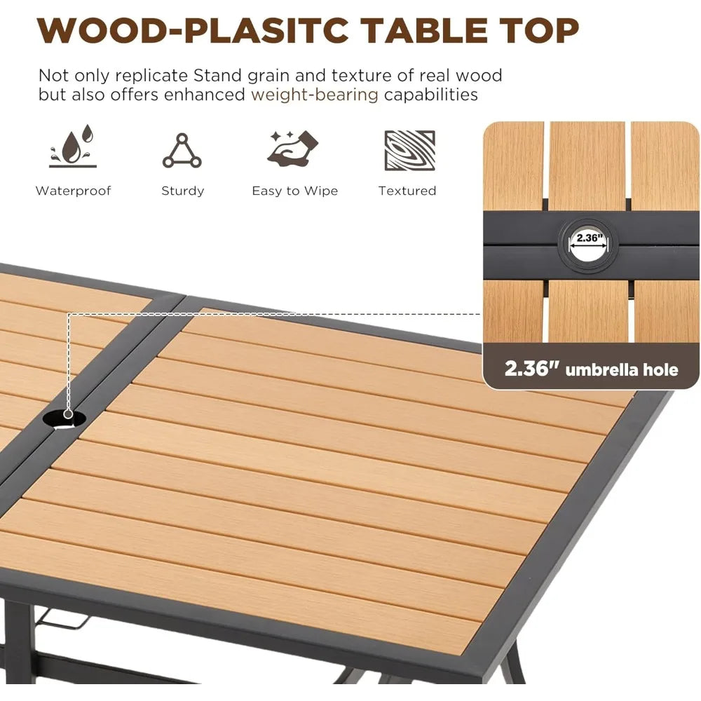 7-Piece All-Weather Rattan Patio Dining Set with 60" Wood Table Top, Removable Cushions & Umbrella Hole - Outdoor Furniture Set