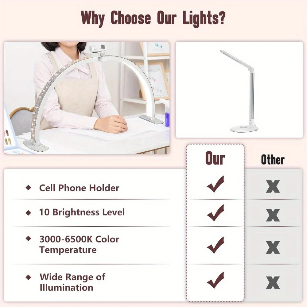 Half Moon Light for Nail Desk with Phone Holder, 28IN Folding Half-moon Light with Shinning Diamond, LED Lamp for Nail Art