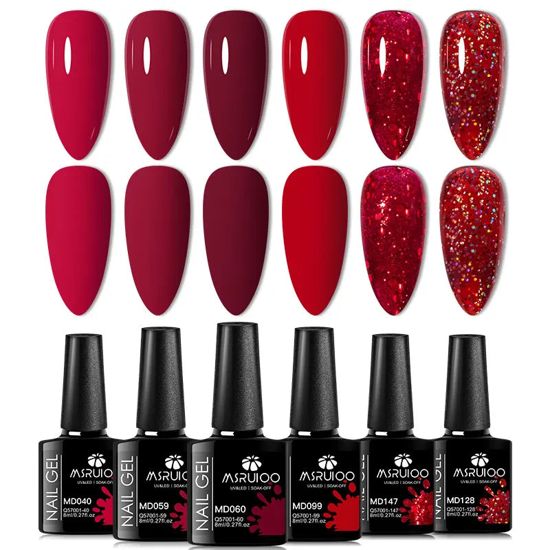 6Pc Gel Nail Polish Set Nude Pink Red Glitter Soak Vernis