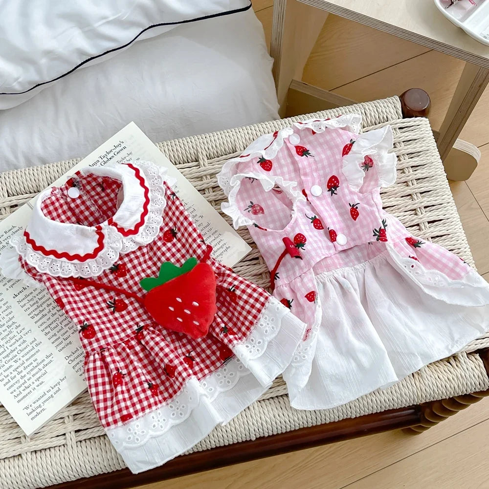 Strawberry Dress For Dogs Cotton Summer Plaid Pet Apparel