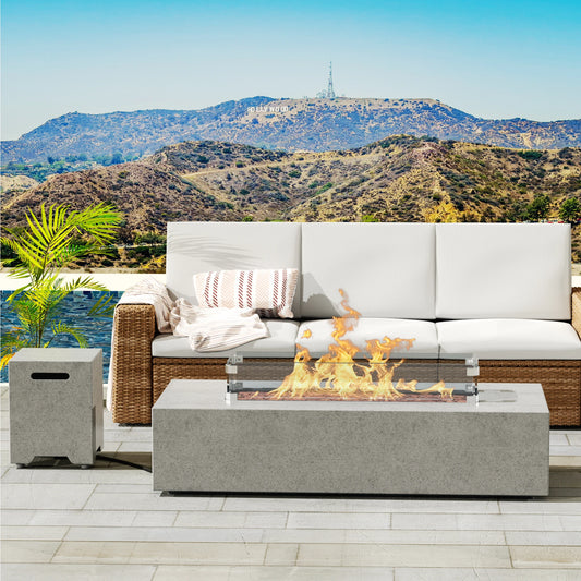 56-inch x 28-inch Gray Fire PitOutdoor Propane Fire Table Set, Rectangle Concrete  (50,000 BTU) w 20lb Tank Table, Wind Guard