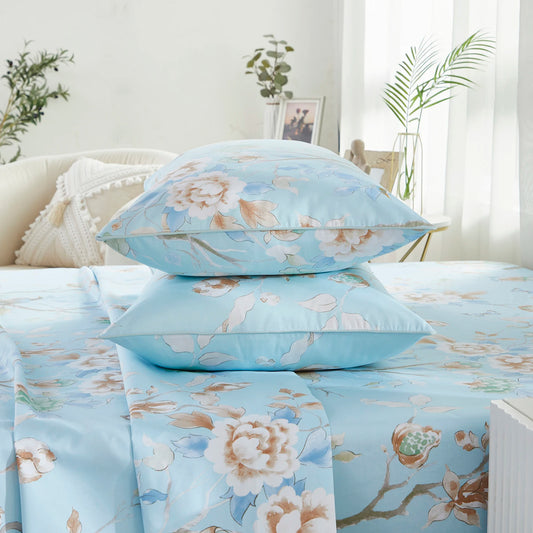 4pcs 600TC 100% Egyptian Cotton Sheet Set, Vintage Blue Bird Watercolor Floral, Soft Skin-Friendly (No Inserts)
