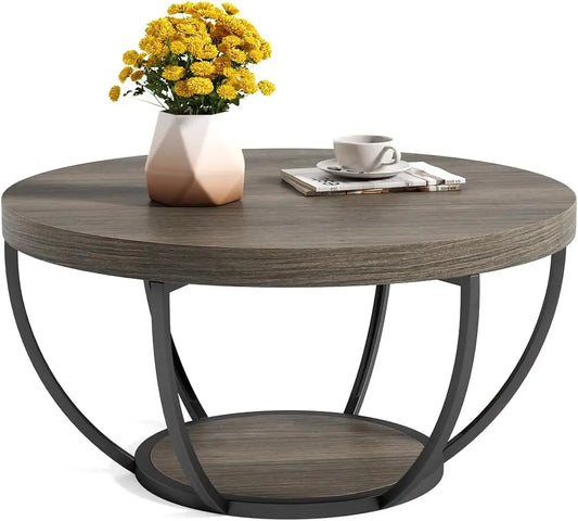 32 Inch Circle Marble Coffee Table Two Tier Golden Legs