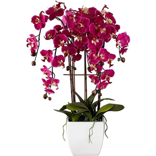 Potted Silk Faux Artificial Flowers Arrangements Realistic Purple Fuchsia Orchid in White Ceramic Pot for Home Decoration Living