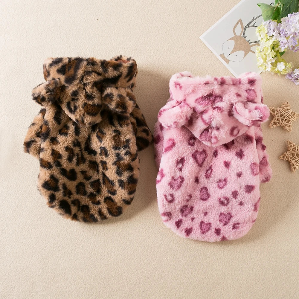 Winter Leopard Fleece Dog Hoodie Coat For Small Medium Dogs