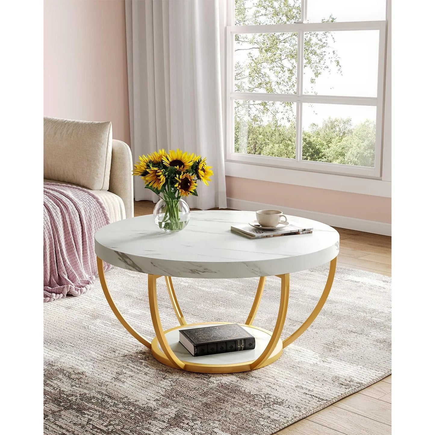 32 Inch Circle Marble Coffee Table With Gold Metal Legs Two Tier Open Storage