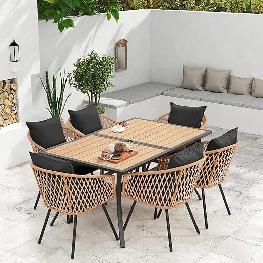 7-Piece All-Weather Rattan Patio Dining Set with 60" Wood Table Top, Removable Cushions & Umbrella Hole - Outdoor Furniture Set