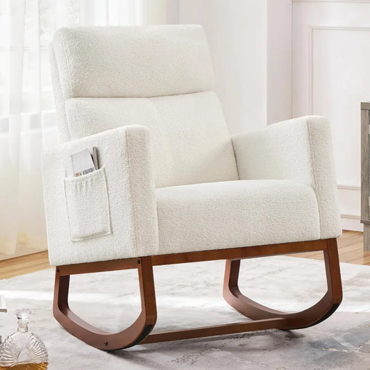 Ivory Boucle Rocking Chair With High Back And Side Pocket