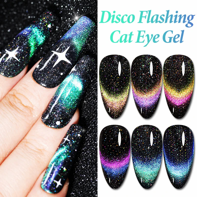 PUENTE Double Light Reflective Disco Flashing Cat Magnetic Gel Nail Polish Set Sparkling Rainbow Cat Eye Soak Off UV Gel Varnish