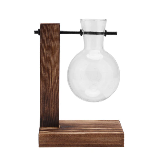 Plant Terrarium with Wooden Stand Hydroponic Planter Bulb Glass Bonsai Flower Pot for Indoor Office Desk Decor Accessories