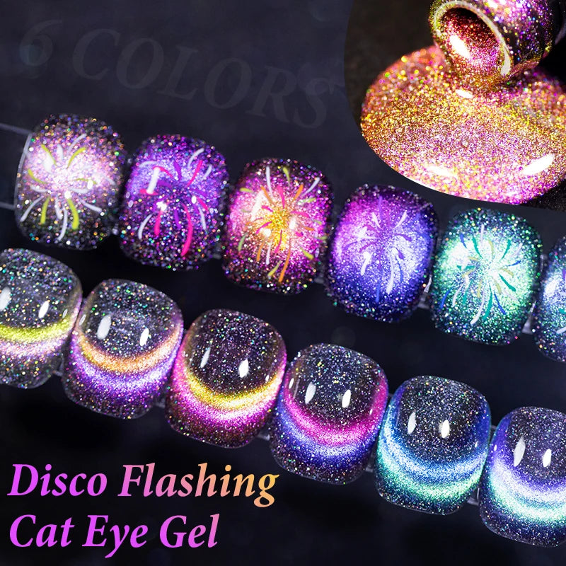 PUENTE Double Light Reflective Disco Flashing Cat Magnetic Gel Nail Polish Set Sparkling Rainbow Cat Eye Soak Off UV Gel Varnish