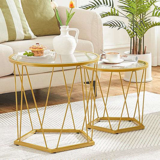 HOOBRO Round Glass Top Coffee Tables Set Of 2 Gold Frame