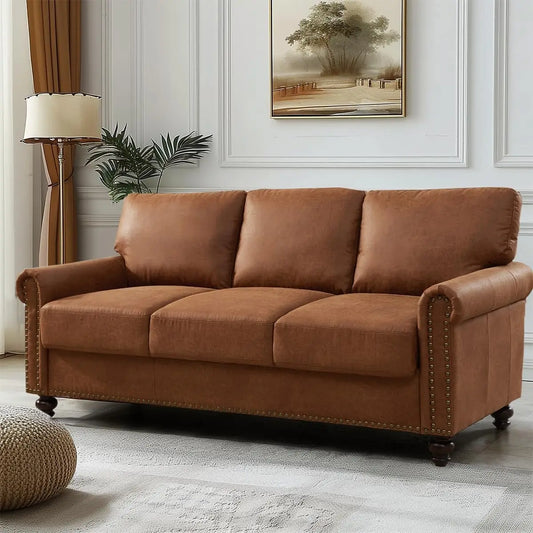 80" Faux Leather Sofa with Storage, Mid-Century Modern Rolled Arm Couches for Living Room Furniture, Easy Tool-Free Assembly