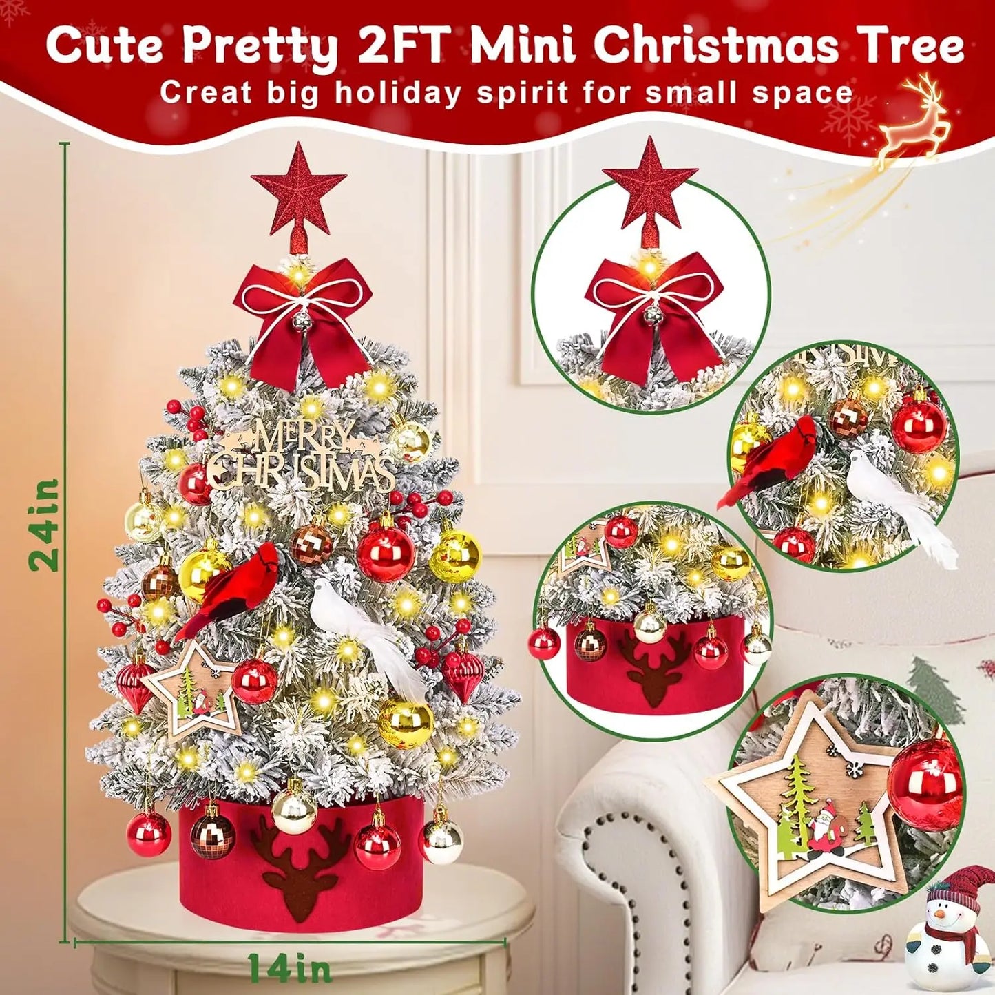 2 Ft Mini Christmas Tree With 30 LED Lights Flocked Tabletop Decor