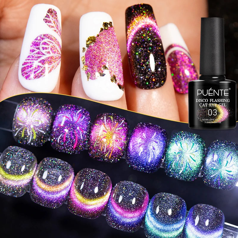 PUENTE Double Light Reflective Disco Flashing Cat Magnetic Gel Nail Polish Set Sparkling Rainbow Cat Eye Soak Off UV Gel Varnish