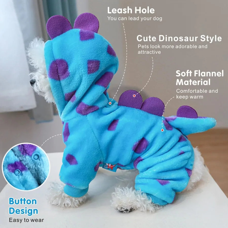 Halloween Dinosaur Dog Costume for Small Dogs Fleece Hoodie Coat With Leash Ring