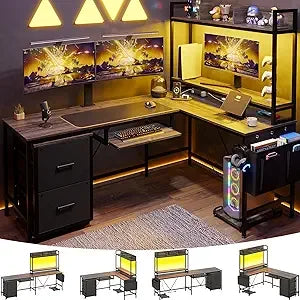 L Shaped Gaming Desk With Keyboard Tray And Power Outlet