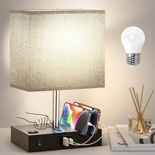 Bedside Table Lamp With AC Outlet USB Ports 3 Way Dimmable