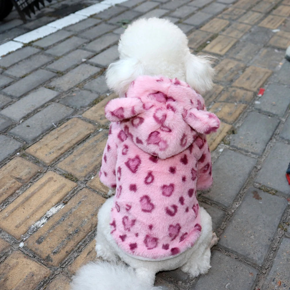 Winter Leopard Fleece Dog Hoodie Coat For Small Medium Dogs