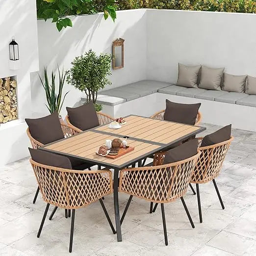 7-Piece All-Weather Rattan Patio Dining Set with 60" Wood Table Top, Removable Cushions & Umbrella Hole - Outdoor Furniture Set