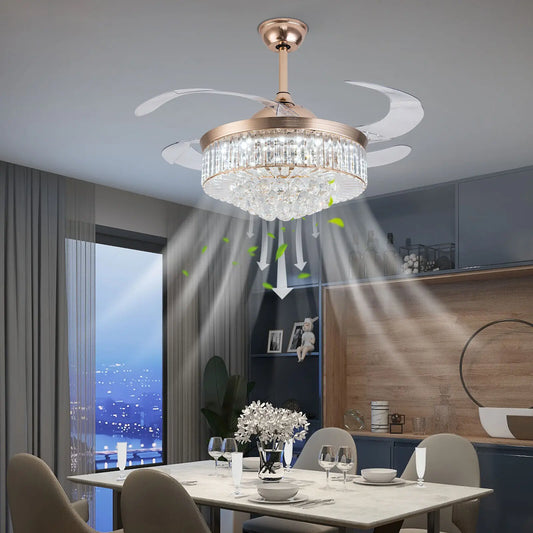 Invisible LED Ceiling Fan With Remote Crystal Chandelier