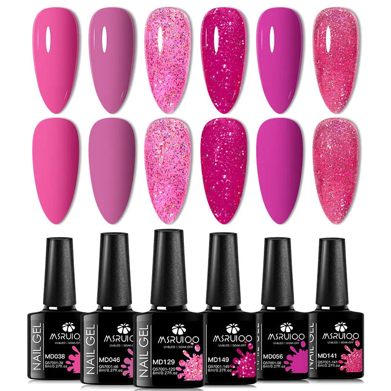 6Pc Gel Nail Polish Set Nude Pink Red Glitter Soak Vernis