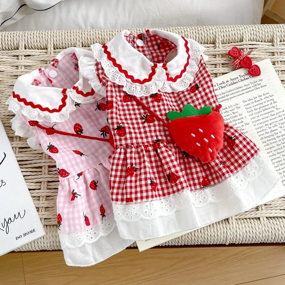 Strawberry Dress For Dogs Cotton Summer Plaid Pet Apparel