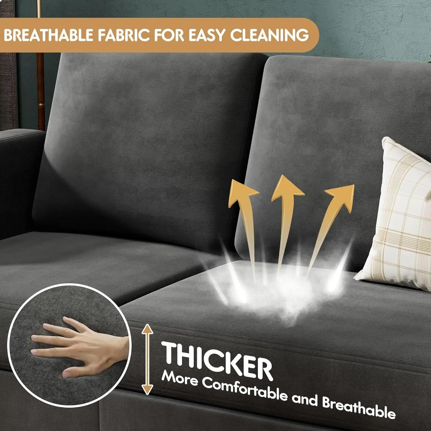 L Shaped 3 Seat Sofa With Linen Fabric Ottoman For Small Apartments Dark Gray