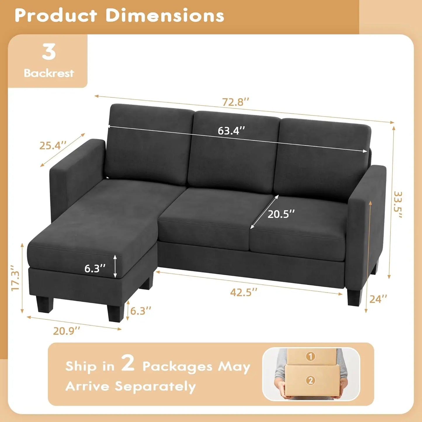 L Shaped 3 Seat Sofa With Linen Fabric Ottoman For Small Apartments Dark Gray