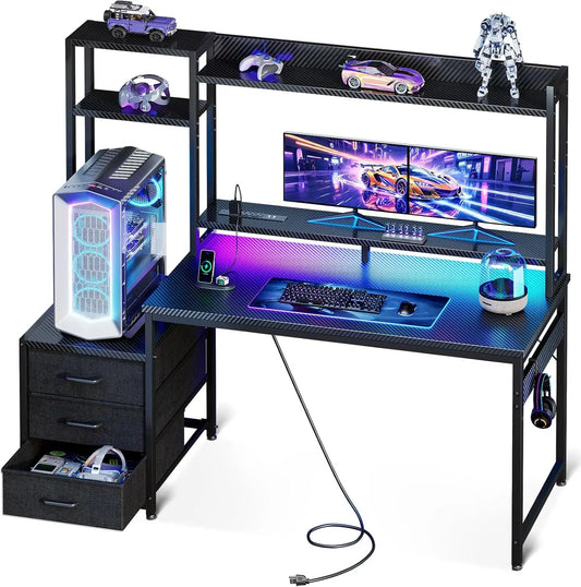 48 Inch Gaming Desk With Hutch USB Ports LED Lights