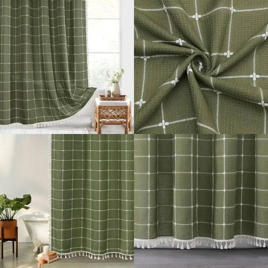 Green Boho Farmhouse Shower Curtain With Tassels Aesthetic