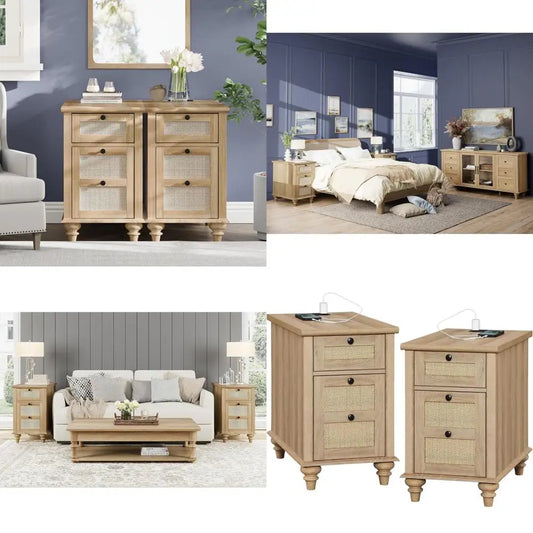 Duo Pack Charging End Tables With Storage Rattan Nightstand