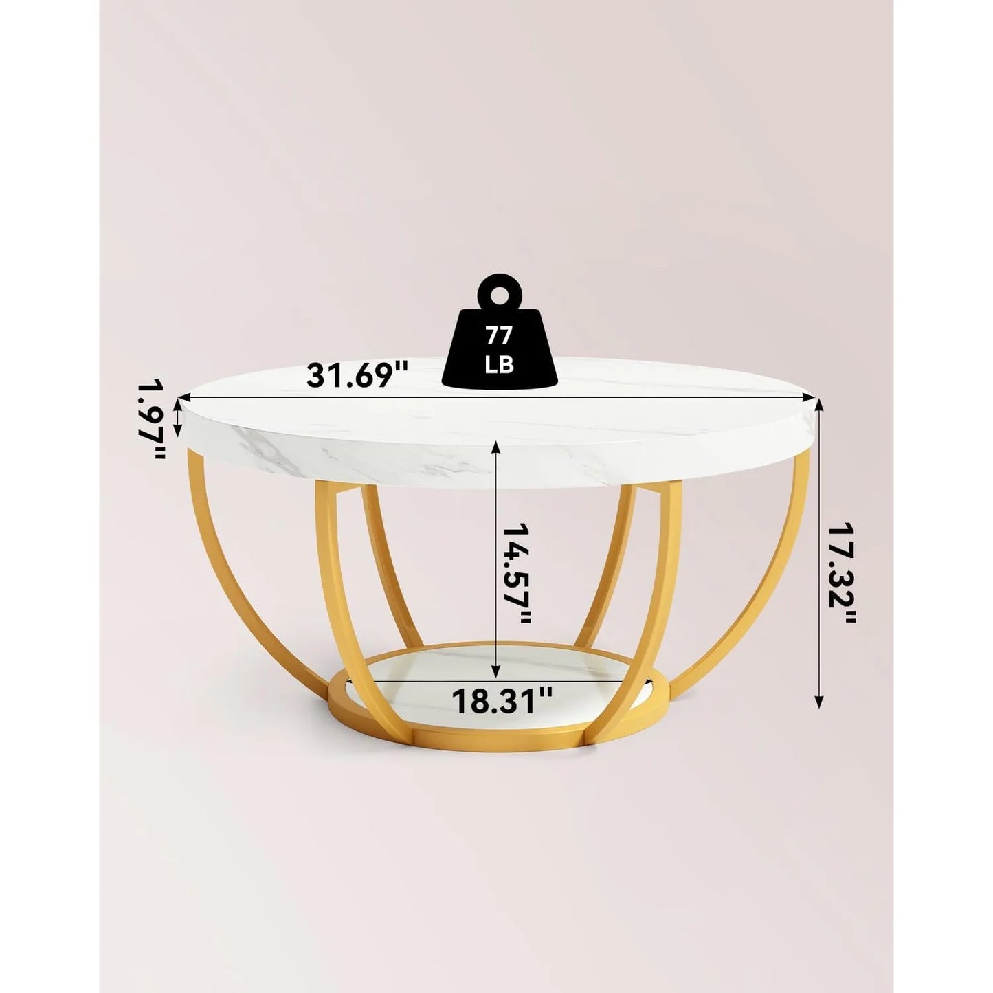 32 Inch Circle Marble Coffee Table With Gold Metal Legs Two Tier Open Storage