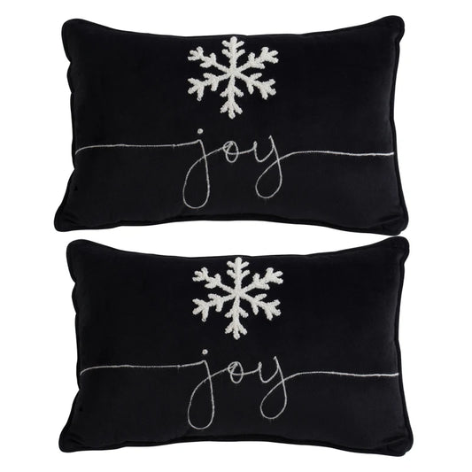 Set of 2, 18x12 Black Velvet Pillow With Embroidered Joy And Frosty Snowflake, for Christmas Halloween Holiday Decor