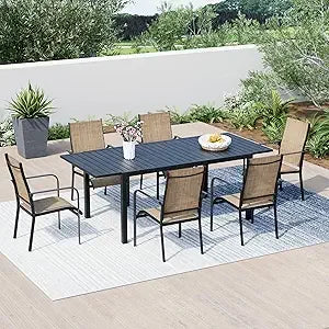 7-Piece All-Weather Rattan Patio Dining Set with 60" Wood Table Top, Removable Cushions & Umbrella Hole - Outdoor Furniture Set