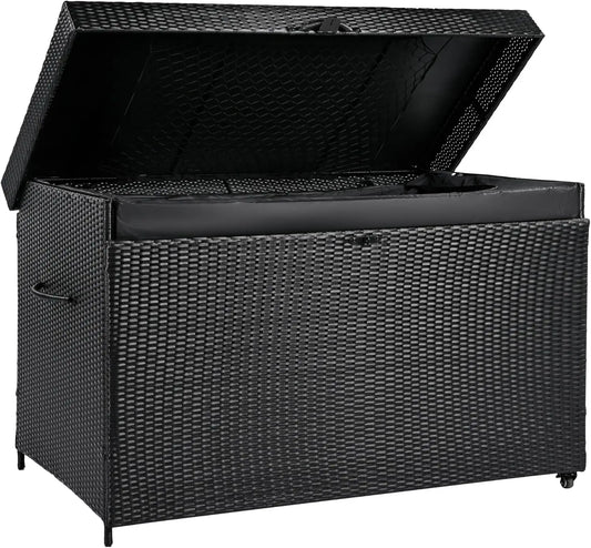 230 Gallon Outdoor Storage Box with Wheels Patio Wicker Deck Box for Furniture Cushions and Garden Tools