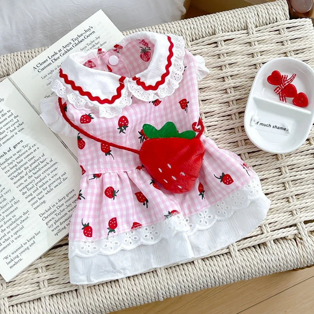 Strawberry Dress For Dogs Cotton Summer Plaid Pet Apparel