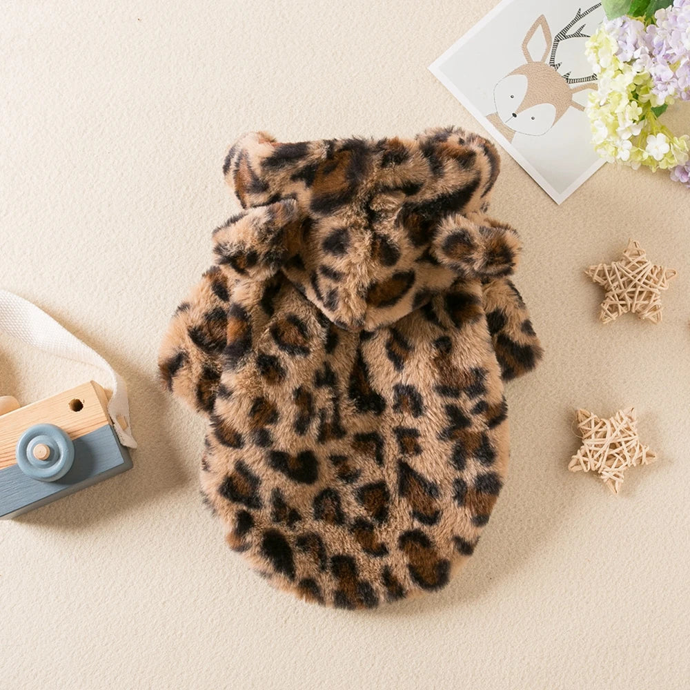 Winter Leopard Fleece Dog Hoodie Coat For Small Medium Dogs