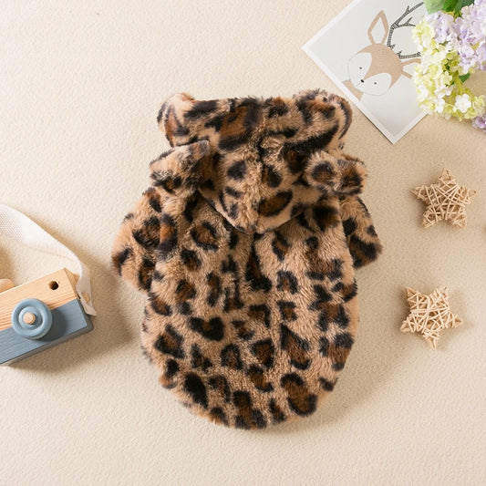 Winter Leopard Fleece Dog Hoodie Coat For Small Medium Dogs