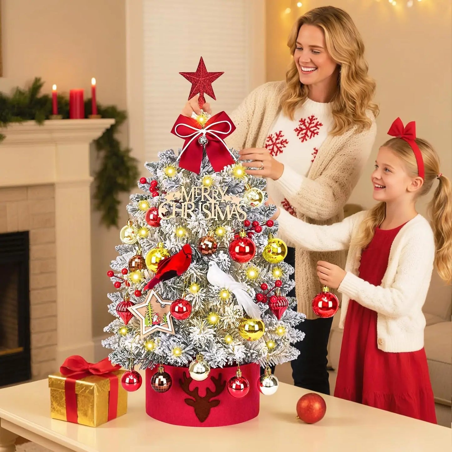 2 Ft Mini Christmas Tree With 30 LED Lights Flocked Tabletop Decor