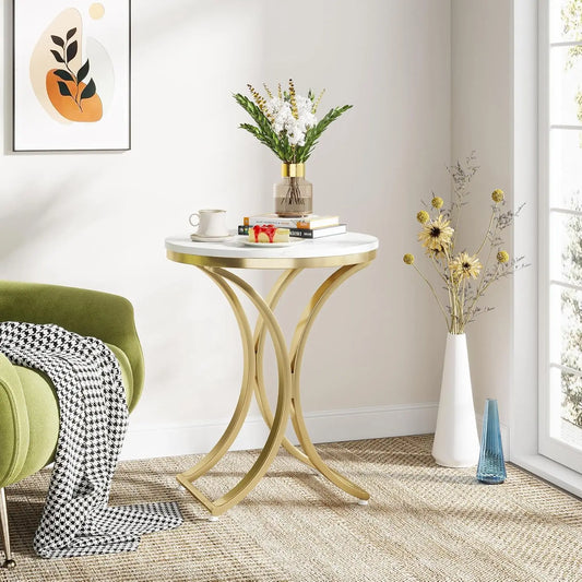 Small Round Sofa Side Table Modern Faux Marble White Gold