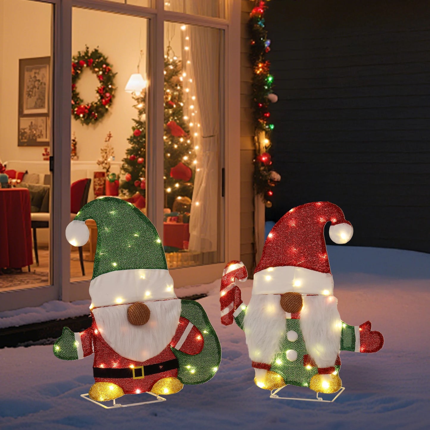 Set Of 2 Lighted Gnome And Candy Cane Christmas Decorations 80 Warm White LEDs