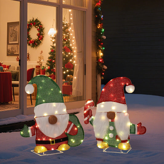 Set Of 2 Lighted Gnome And Candy Cane Christmas Decorations 80 Warm White LEDs