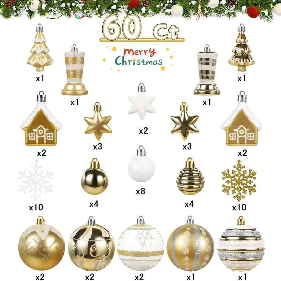 60 Piece Shatterproof White Gold Christmas Ball Ornaments Set
