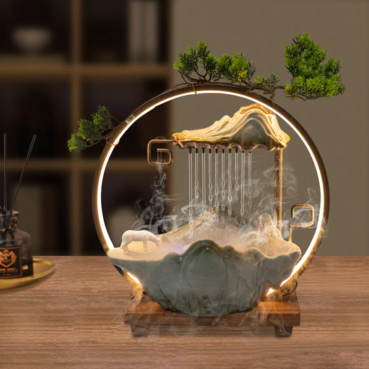 Tabletop Water Fountains Indoor Waterfall Decoration W/ Mist ,Rockery, Horse and Plants and LED for Meditation Feng Shui Decor