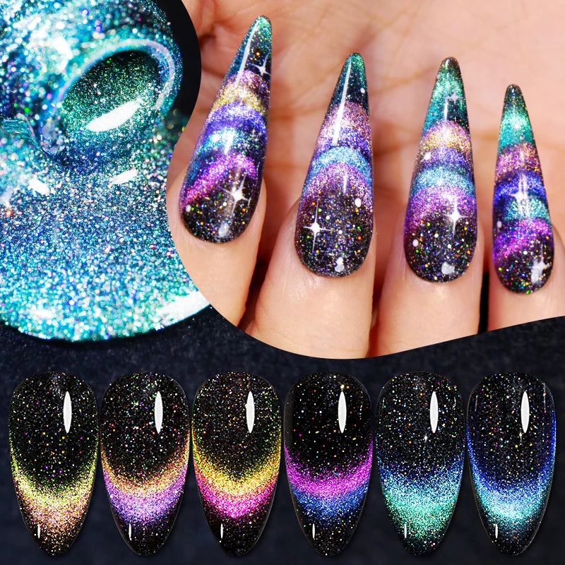PUENTE Double Light Reflective Disco Flashing Cat Magnetic Gel Nail Polish Set Sparkling Rainbow Cat Eye Soak Off UV Gel Varnish